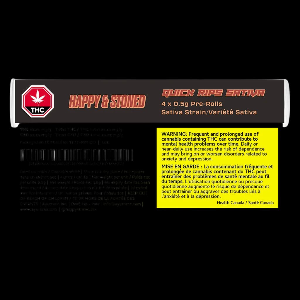 Happy & Stoned Quick Rips Sativa 4 x 0.5g pre-rolls pack front with THC warning label and regulatory information