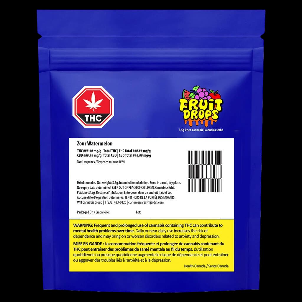 Fruit Drops Zour Watermelon 3.5g dried cannabis flower in blue pouch with THC badge and regulatory warning label