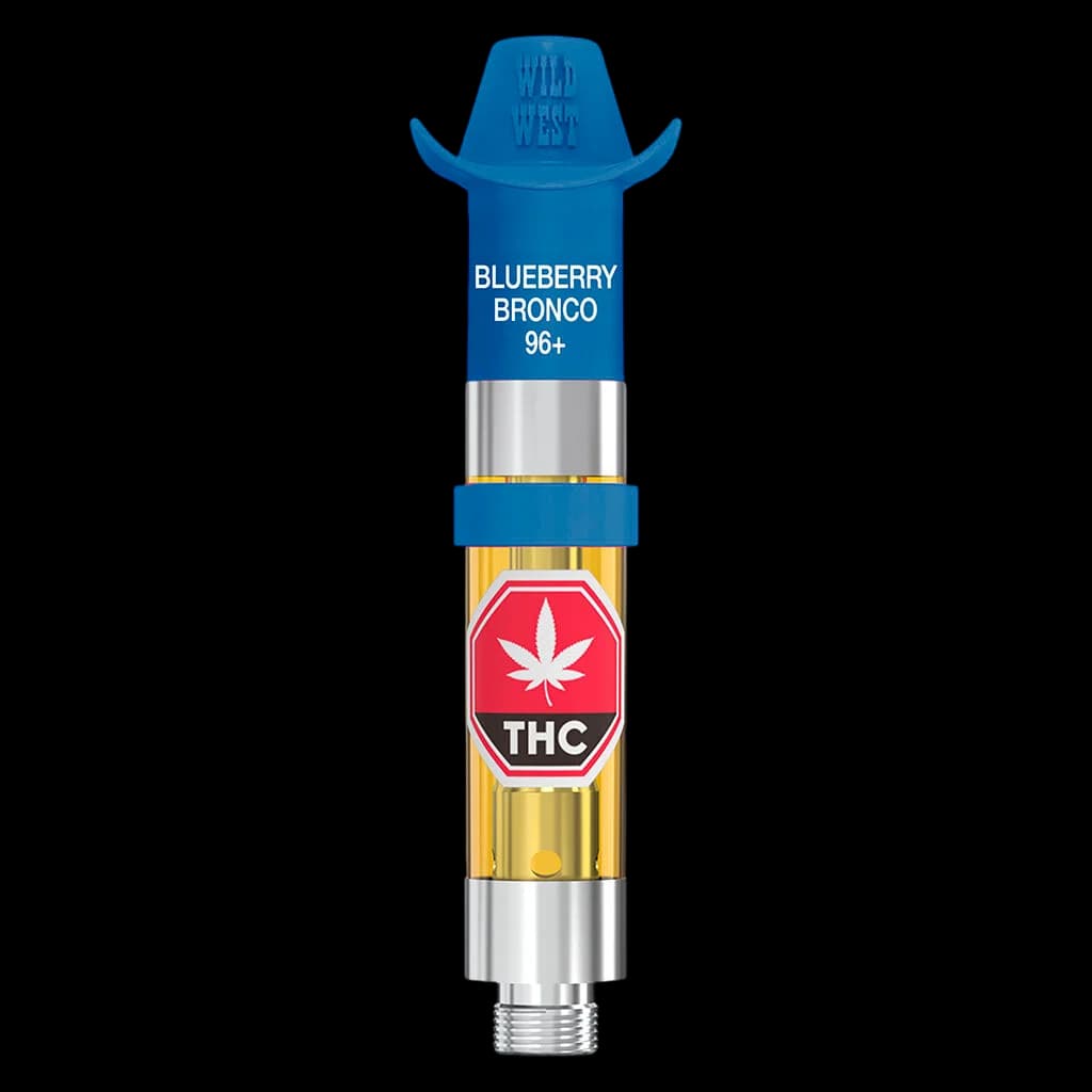 Wild West Blueberry Bronco 96+ cannabis vape cartridge with blue cowboy hat mouthpiece, gold chamber, and THC symbol label