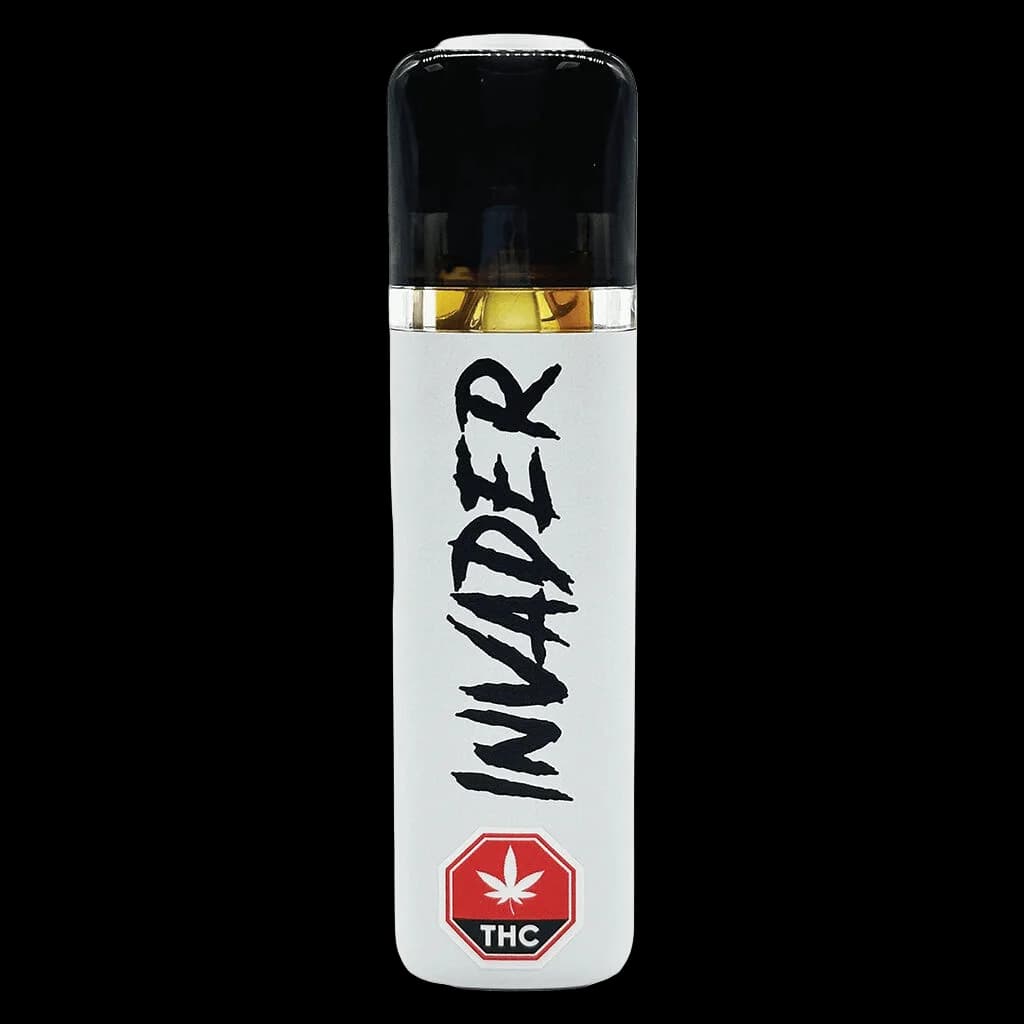 Invader Pure Live Rosin Bar disposable vape pen with black cap and white body showing amber concentrate visible through clear window