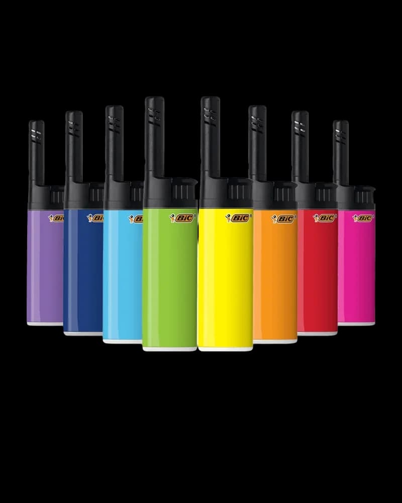 BIC lighter collection in eight colours: purple, dark blue, light blue, lime green, yellow, orange, red, and magenta
