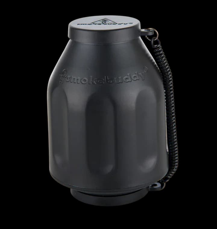 Smoke Buddy Original Personal Air Filter, black cylindrical device with coiled carry strap