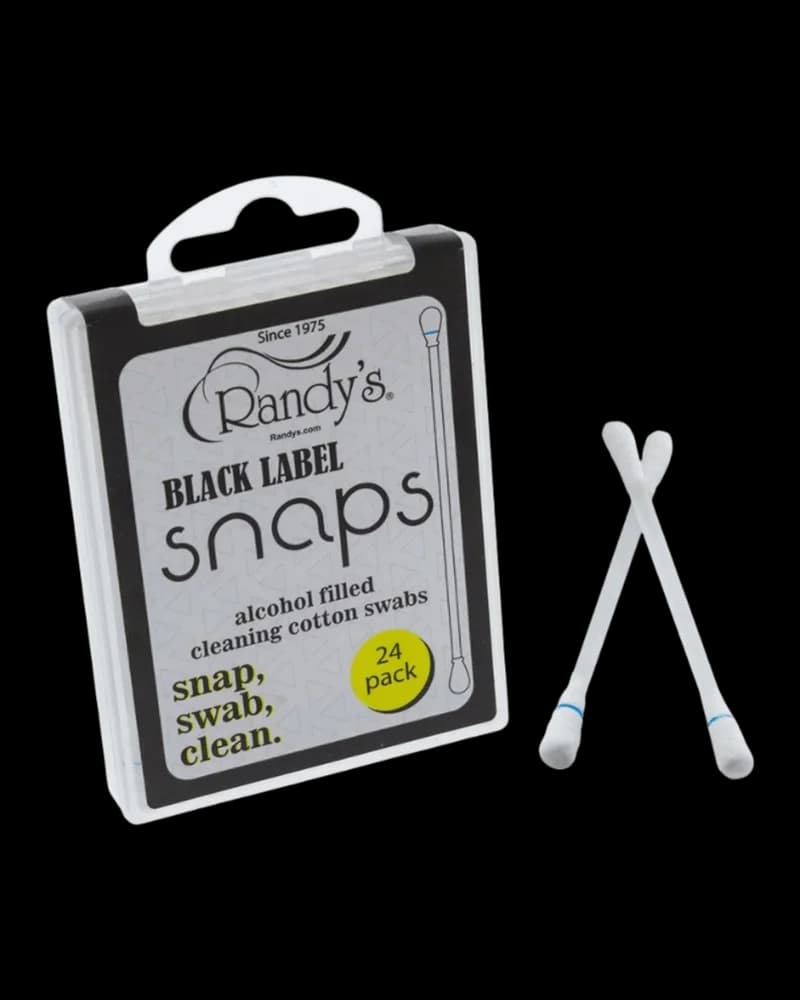 Randy's Black Label Snaps 24-pack alcohol-filled cleaning cotton swabs with packaging displayed