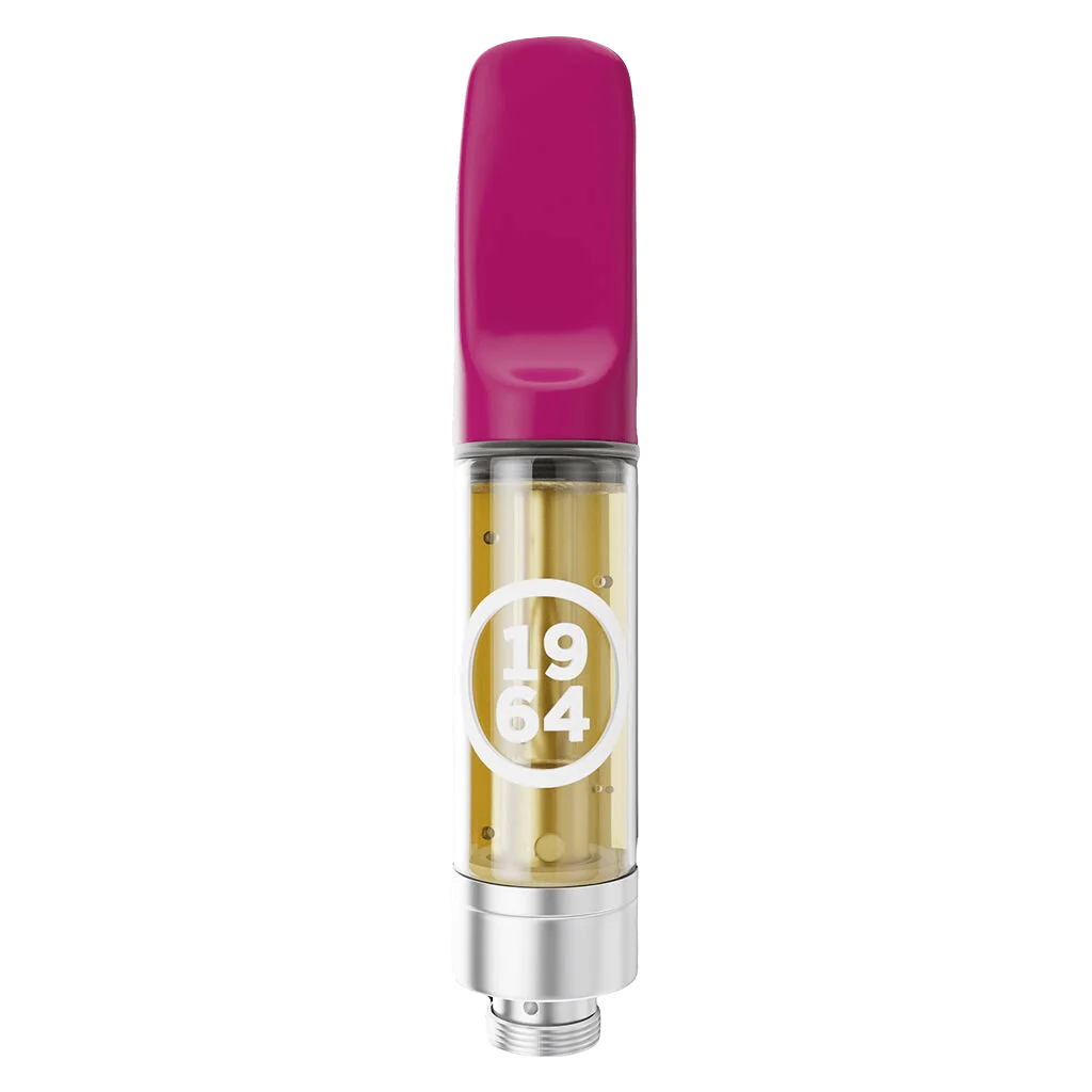 1964 Stinky Pinky FSE Resin 510 thread vape cartridge with magenta cap and golden concentrate visible through glass chamber