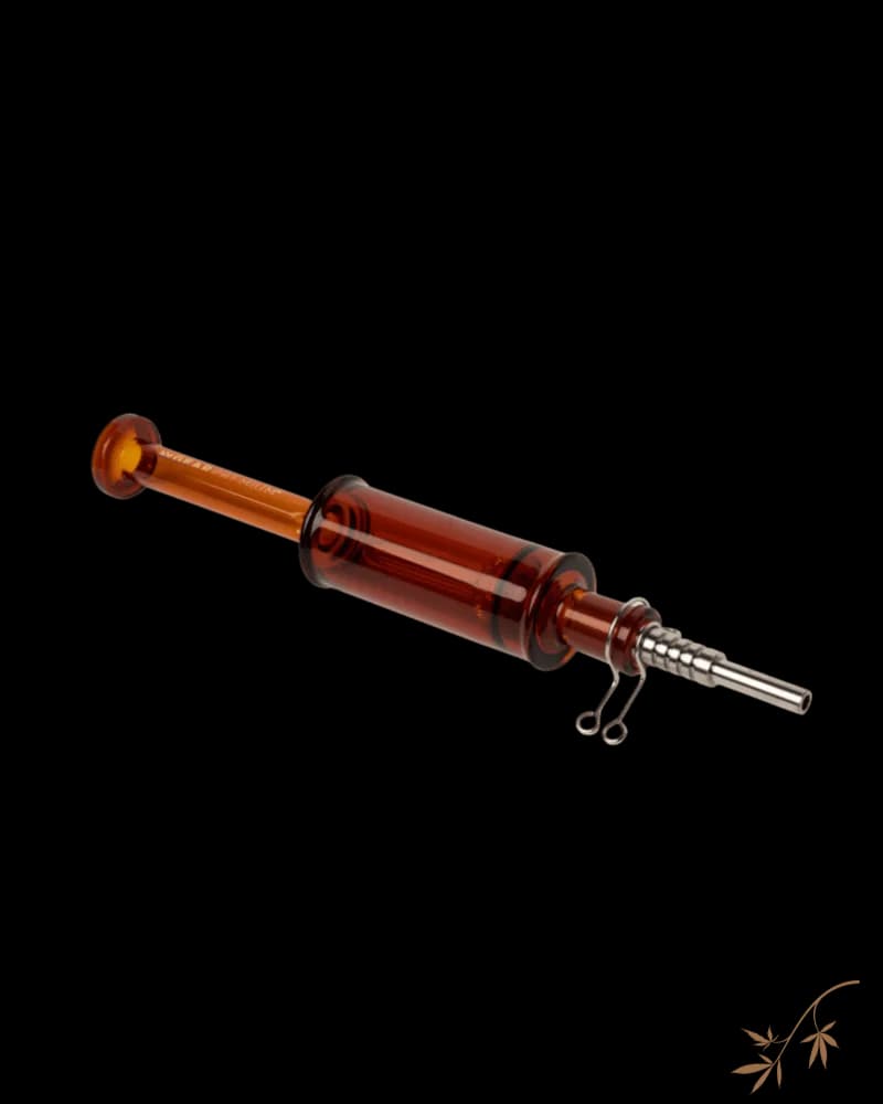 Gear Premium Dabmolisher Showerhead Perc dab rig, 9 inches tall, amber glass with metal components and small wire handles