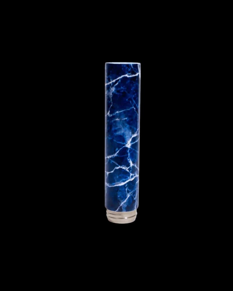 Chill Neckpiece in blue marble design with white vein pattern and brushed metal base, cannabis accessory