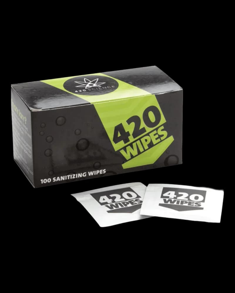 420 Wipes 100-pack sanitizing wipes box with lime-green and black packaging, two individual wipe packets displayed in front